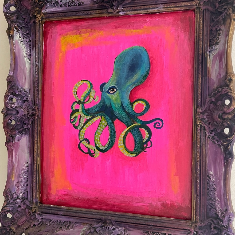 Original Octopus Acrylic Painting over a Thrifted Framed Art Print - 26x22” - Picture 8 of 9